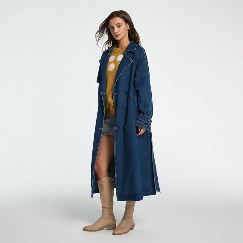 Women's Lapel Denim Trench Coat Long Sleeve Double Midi Classic Breasted Jackets - Picture 7 of 7